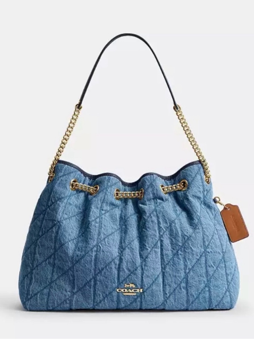 Coach Quilted Denim Drawstring Shoulder Bag with Gold Chain